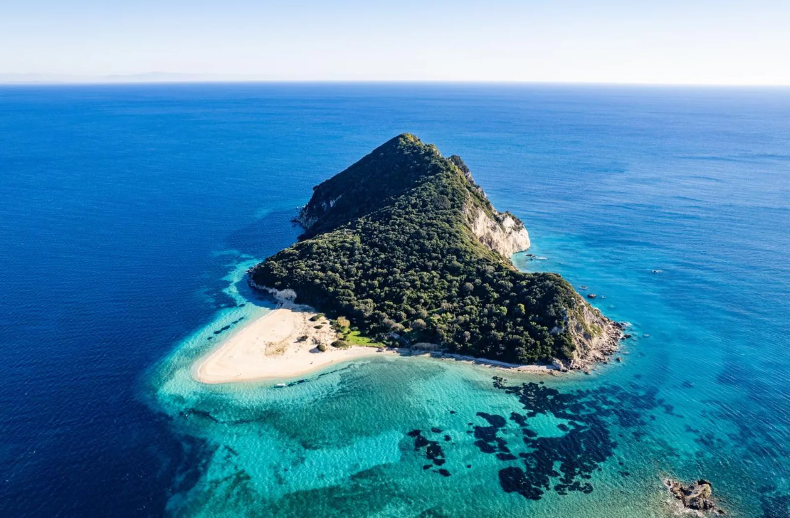 Aerial view of Marathonisi, the turtle-shaped island in Laganas Bay